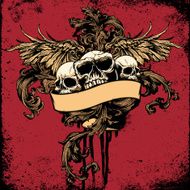 Three Skulls Wings and Banner Ornamental Tattoo Design
