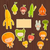 Farewell fruits wood background friendly character illustration
