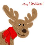 Merry Christmas postcard with plush Reindeer in a red scarf