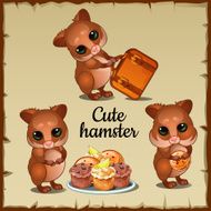 Three cute funny hamster and tasty food
