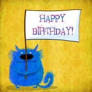 Birthday Card Blue Cat With Placard