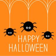 Three cute hanging fluffy spiders on web Halloween card Flat