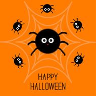 Cute cartoon fluffy spider set on the web Halloween Flat