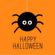 Big hanging fluffy spider Happy Halloween card Flat design