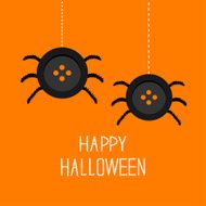 Two cute hanging button spiders on web Halloween card Flat