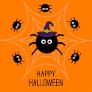 Cute cartoon fluffy spider web Witch hat Halloween card Flat