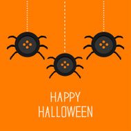 Three cute hanging button spiders on web Halloween card Flat N2