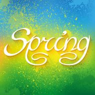 Hand drawn word SPRING lettering on colorful paint splashes background