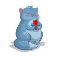 Cute cartoon fat grey cat with gift box N2