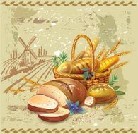 Breads in basket against country landscape