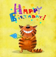 Birthday Card Red Cat Holding Blue Flower