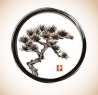 Pine tree in circle hand hand-drawn with ink