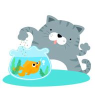 fluffy cat feeding happy goldfish vector