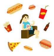 Sedentary woman eating fast food on the couch