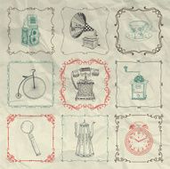 Vector Vintage Icons and Objects on Crumpled Paper N2