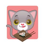 Cute gray cat eager to eat sushi