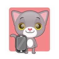Cute gray cat holding a mobile phone