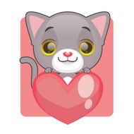 Cute gray kitten holding a giant heart