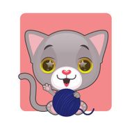 Cute gray kitten with their blue yarn ball