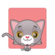 Cute gray kitten looking at a toy mouse