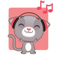 Cute gray kitten listening to music