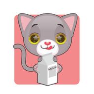 Cute gray kitten with a milk carton