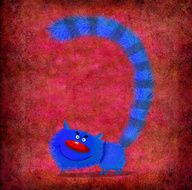 Blue Smiling Cat with Puffed Up Tail