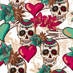 Skull Hearts and Flowers Seamless Background N4