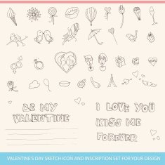Valentine's Day Sketch Icon and Inscription Set for your design N2