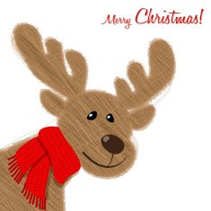 Merry Christmas postcard with plush Reindeer in a red scarf