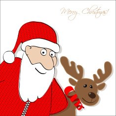 Merry Christmas postcard with Santa Claus and plush Reindeer