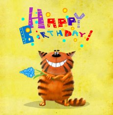 Birthday Card Red Cat Holding Blue Flower