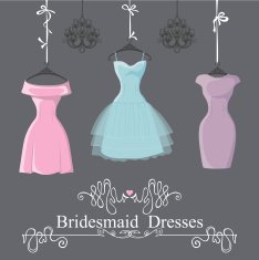 Three short bridesmaid dresses hang on ribbons N2