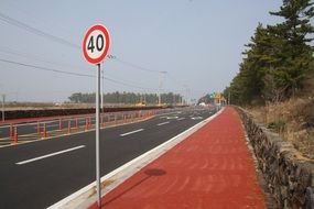 speed limit road sign stands on the road