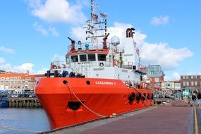 bright ship in port at old city, snetherlands, cheveningen