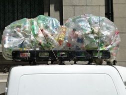 plastic bottles on car for recycling