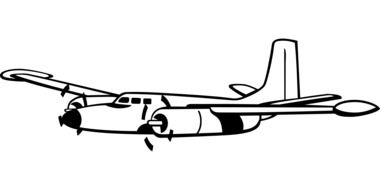 Black and white drawing of the flying airplane