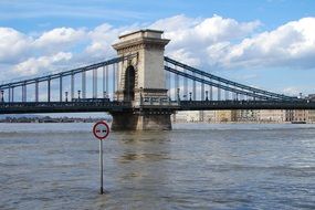 No overtaking sign on danube river in front of bridge, hungary, budapest