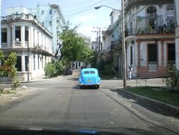 blue retro car on a cube road