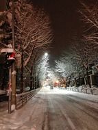 snowy street in town at winter night