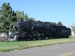 oldtimer black steam locomotive on lawn