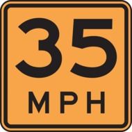 Black and orange 35 MPH speed limit road sign for drivers