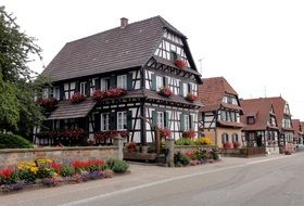 wooden houses on roadside, france, betschdorf