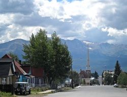 the main street of the city Ledvill on the background of the mountains in Colorado