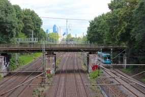 Railway rails against the background of skyscrapers of Frankfurt