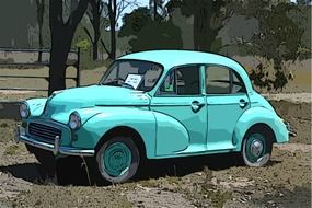 old turquoise morris minor among nature