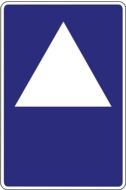 blue road sign with white triangle