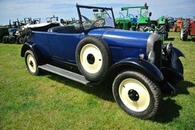 blue antique car on green grass