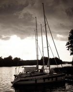 sailboat moored at coast, black and white