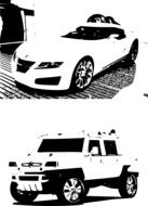 black and white photos of cars of different brands